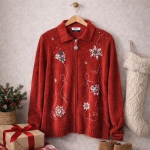 Alia Red Chenille Christmas Cardigan Snowflake Sequin Embroidered Zip Front 23pt
